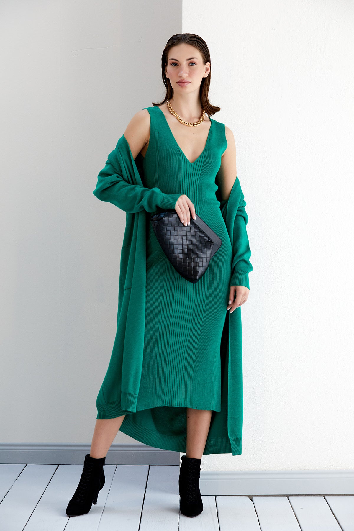 Knitted Bodycon Midi Dress with Oversize Longline Cardigan Co ord Set in Green - jqwholesale.com