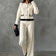 Elegant Knitted Co Ord set with Jacket and wide leg trousers in Ecru